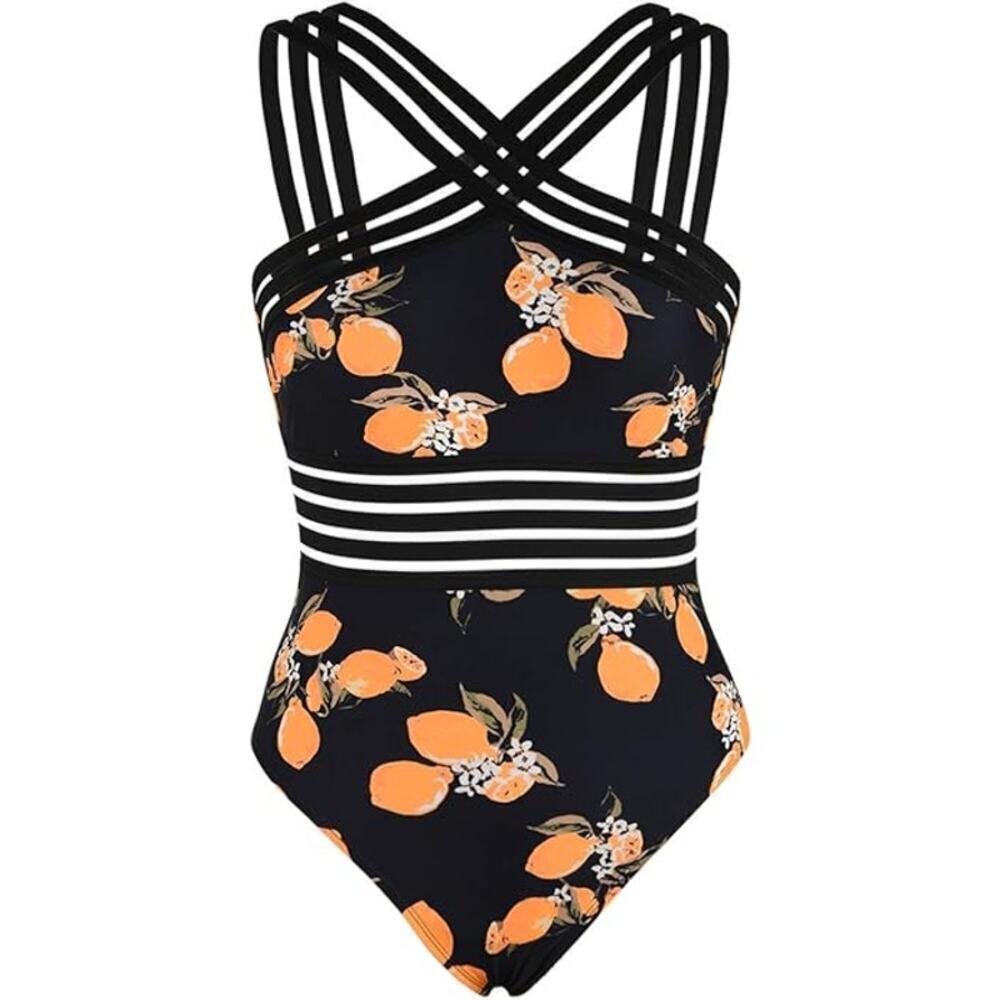 Black and Orange Tangerine One-Piece Bathing Suit Swim Women Size Medium 8-10 - Picture 1 of 4